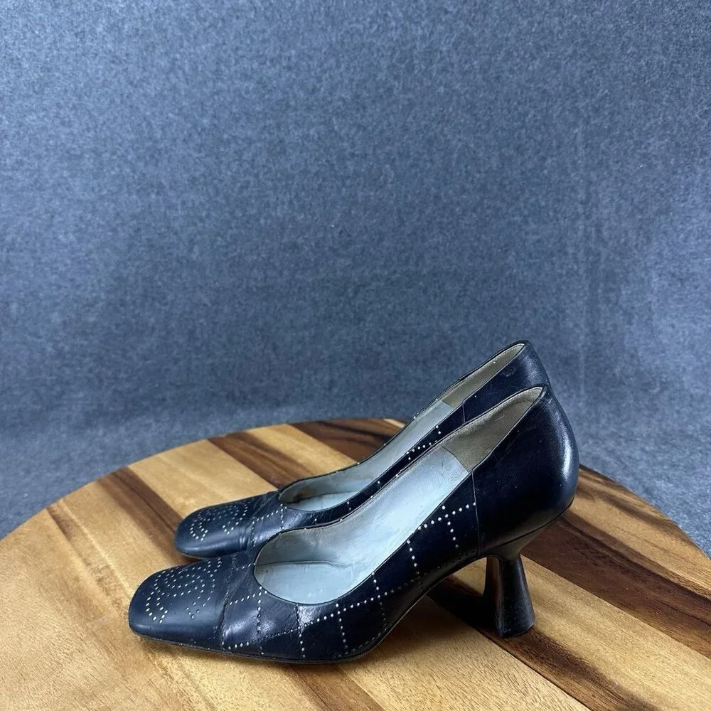 Chanel Womens Pumps Blue Leather Sz 36/6 Mark Punch CC Logo Heels Square Toe